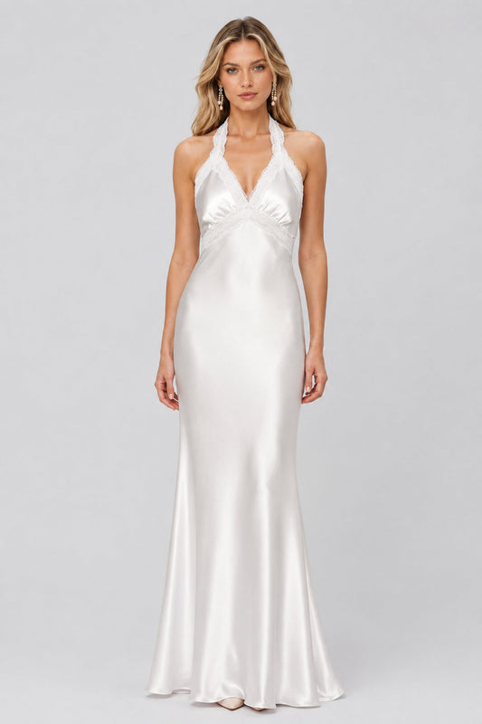 Élienne Lace-Trim Halter Satin Maxi Dress / White