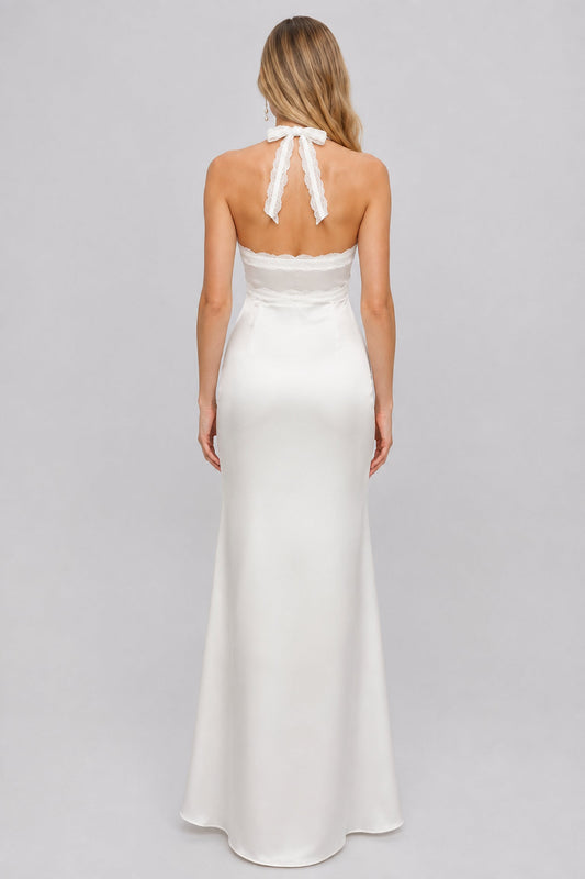 Élienne Lace-Trim Halter Satin Maxi Dress / White