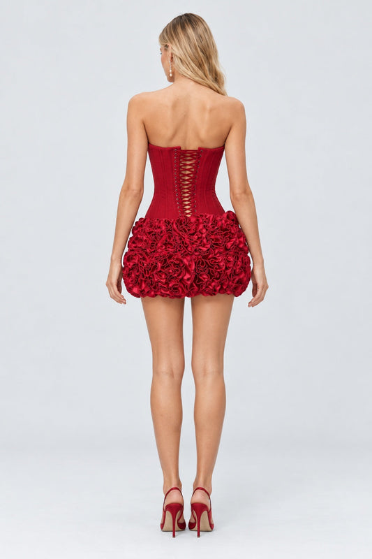 Élise Rose-Flower Corset Mini Dress / Red
