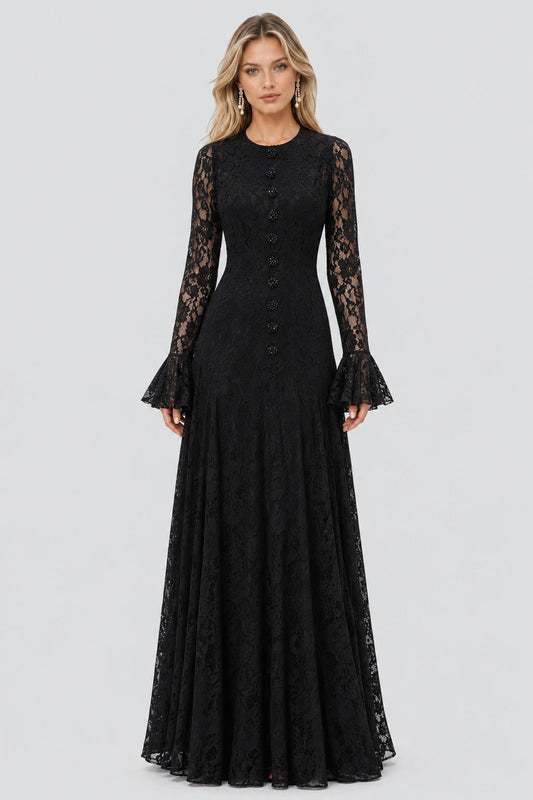 Élodiane Jewel-Button Bell-Sleeve Lace Maxi Dress / Black