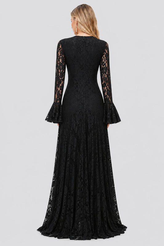 Élodiane Jewel-Button Bell-Sleeve Lace Maxi Dress / Black