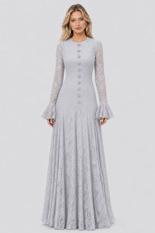 Élodiane Jewel-Button Bell-Sleeve Lace Maxi Dress / Gray