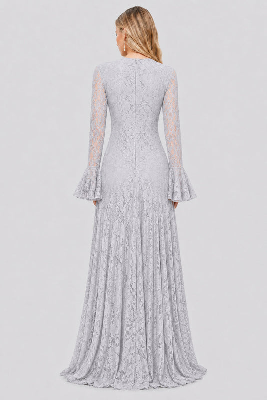 Élodiane Jewel-Button Bell-Sleeve Lace Maxi Dress / Gray