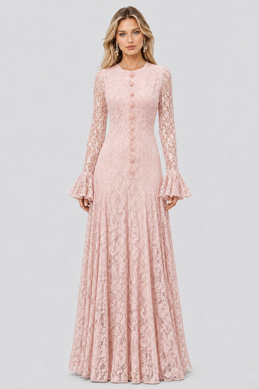 Élodiane Jewel-Button Bell-Sleeve Lace Maxi Dress / Pink