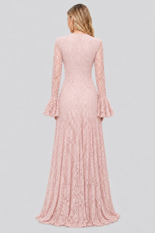 Élodiane Jewel-Button Bell-Sleeve Lace Maxi Dress / Pink