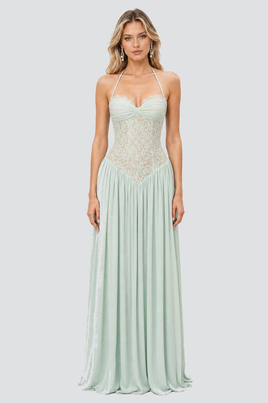 Élodine Halter Lace Corset Chiffon Maxi Dress / Mint Green