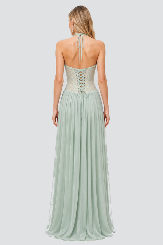 Élodine Halter Lace Corset Chiffon Maxi Dress / Mint Green