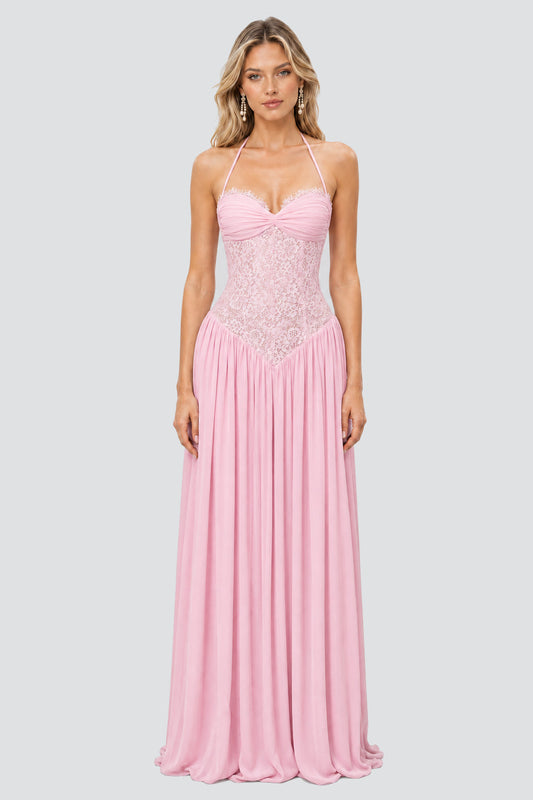 Élodine Halter Lace Corset Chiffon Maxi Dress / Pink