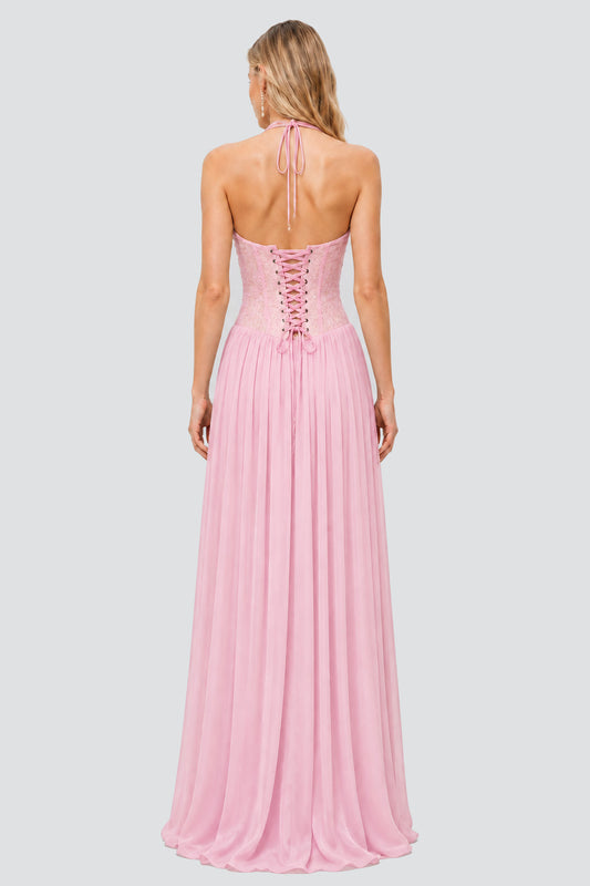 Élodine Halter Lace Corset Chiffon Maxi Dress / Pink