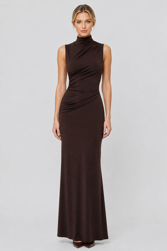 Élodrienne High-Neck Open-Back Draped Maxi Dress / Brown