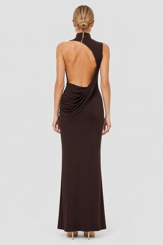 Élodrienne High-Neck Open-Back Draped Maxi Dress / Brown
