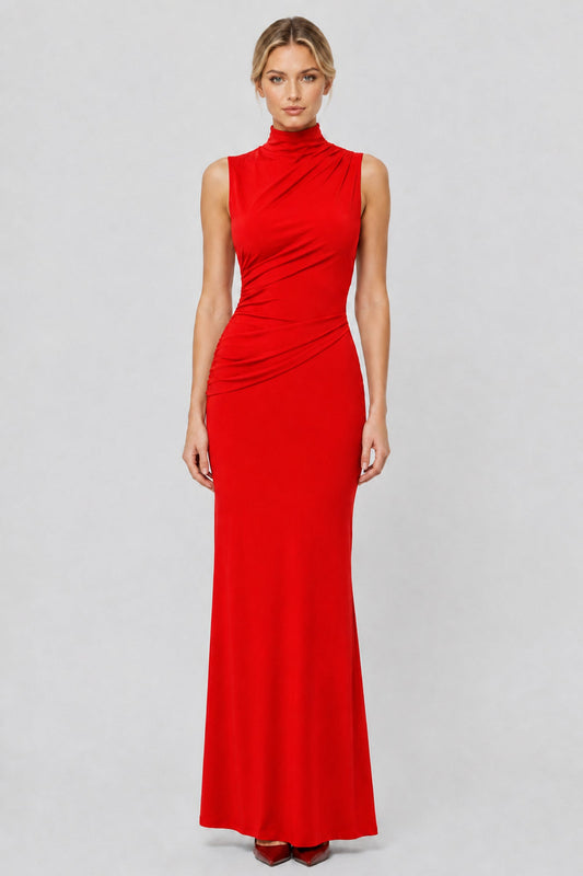 Élodrienne High-Neck Open-Back Draped Maxi Dress / Red
