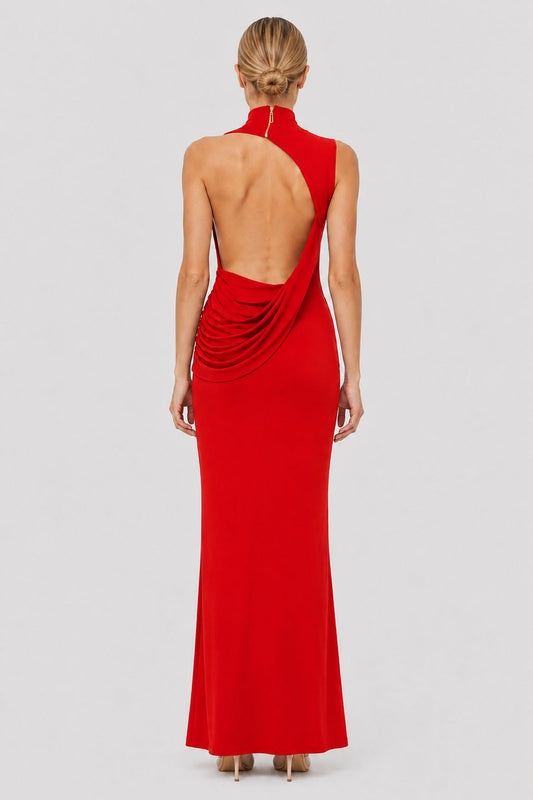 Élodrienne High-Neck Open-Back Draped Maxi Dress / Red
