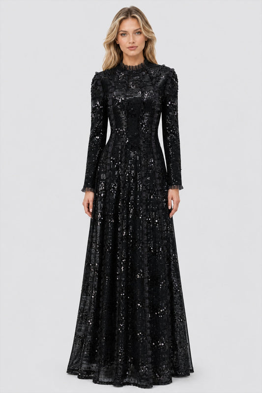 Eulalie Sequin Ruffle-Trim Long-Sleeve Maxi Dress / Black