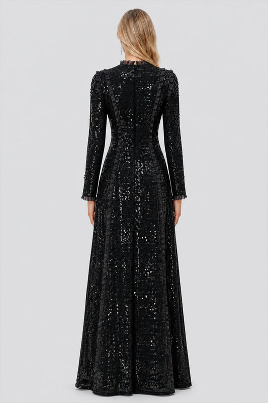 Eulalie Sequin Ruffle-Trim Long-Sleeve Maxi Dress / Black