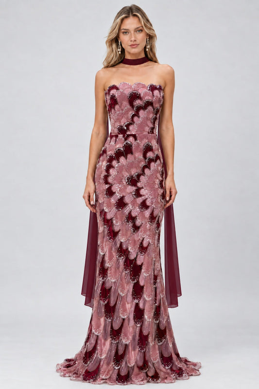 Evelisse Strapless Embellished Petal Maxi Dress with Scarf / Pink