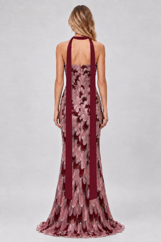 Evelisse Strapless Embellished Petal Maxi Dress with Scarf / Pink