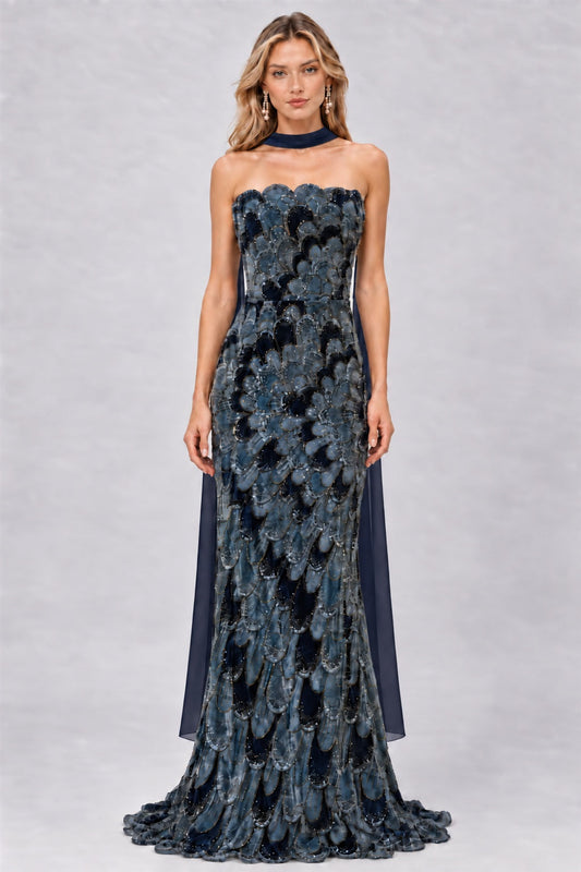 Evelisse Strapless Embellished Petal Maxi Dress with Scarf / Teal