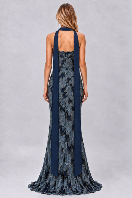Evelisse Strapless Embellished Petal Maxi Dress with Scarf / Teal
