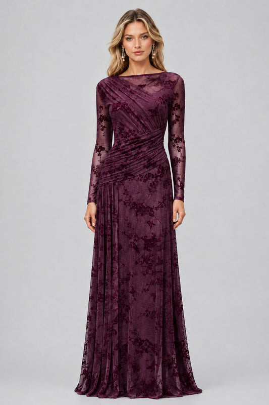 Fleuriane Bateau-Neck Flocked-Floral Mesh Ruched Maxi Dress / Burgundy