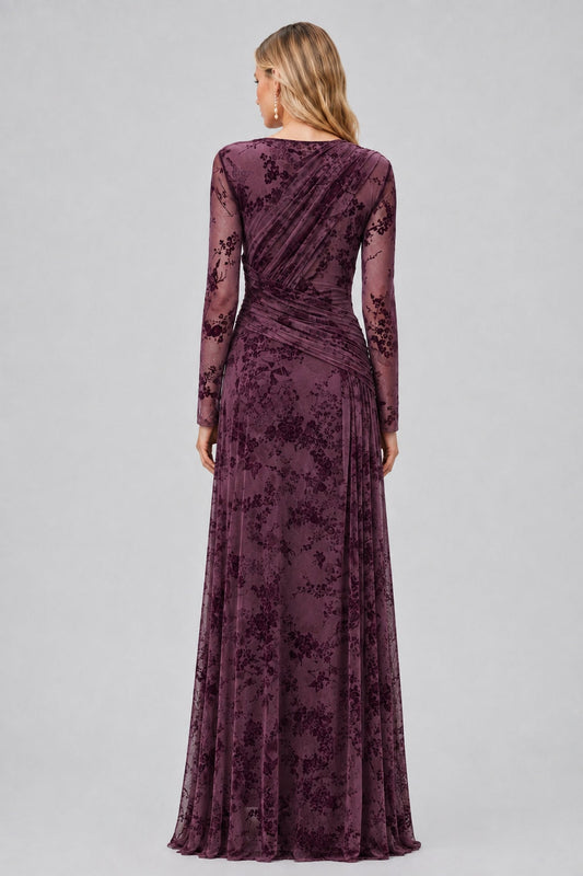 Fleuriane Bateau-Neck Flocked-Floral Mesh Ruched Maxi Dress / Burgundy