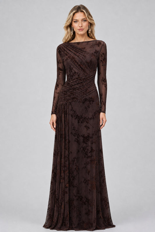 Fleuriane Bateau-Neck Flocked-Floral Mesh Ruched Maxi Dress / Dark Brown