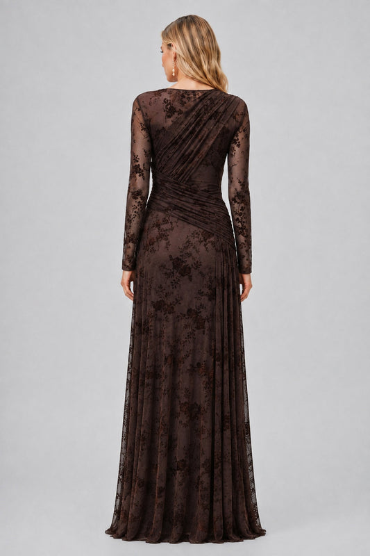 Fleuriane Bateau-Neck Flocked-Floral Mesh Ruched Maxi Dress / Dark Brown