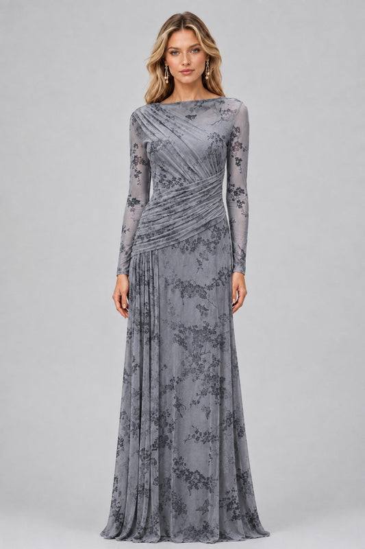Fleuriane Bateau-Neck Flocked-Floral Mesh Ruched Maxi Dress / Gray