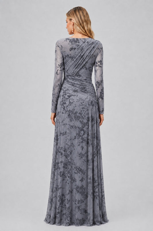 Fleuriane Bateau-Neck Flocked-Floral Mesh Ruched Maxi Dress / Gray