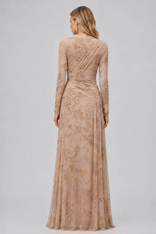 Fleuriane Bateau-Neck Flocked-Floral Mesh Ruched Maxi Dress / Light Khaki
