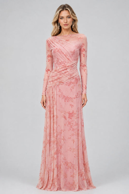 Fleuriane Bateau-Neck Flocked-Floral Mesh Ruched Maxi Dress / Pink