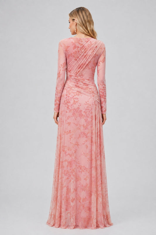 Fleuriane Bateau-Neck Flocked-Floral Mesh Ruched Maxi Dress / Pink