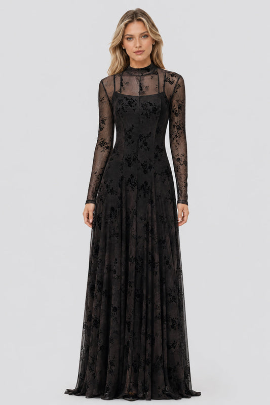 Floréane High-Neck Flocked-Mesh Layered Maxi Dress / Black