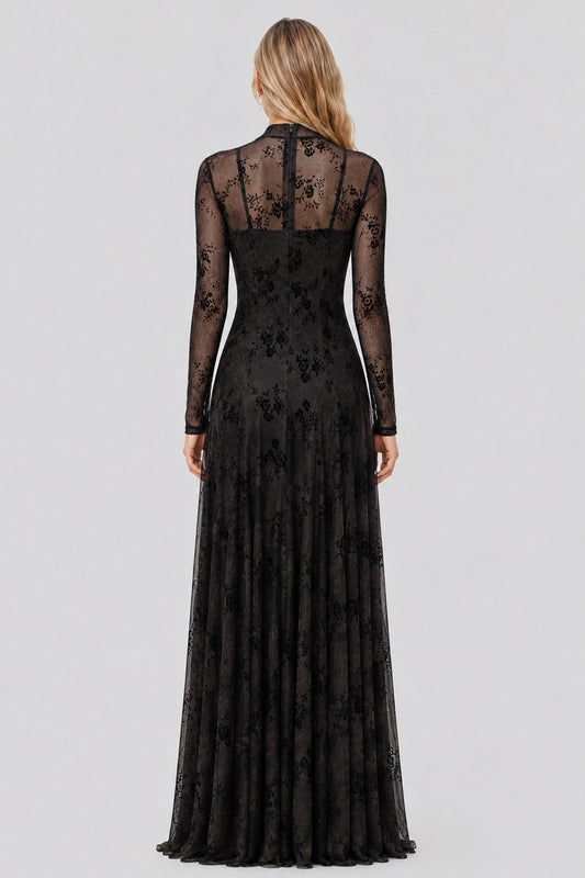 Floréane High-Neck Flocked-Mesh Layered Maxi Dress / Black