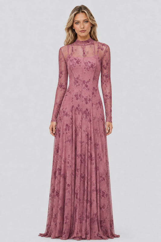Floréane High-Neck Flocked-Mesh Layered Maxi Dress / Dusty Rose