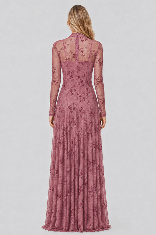 Floréane High-Neck Flocked-Mesh Layered Maxi Dress / Dusty Rose