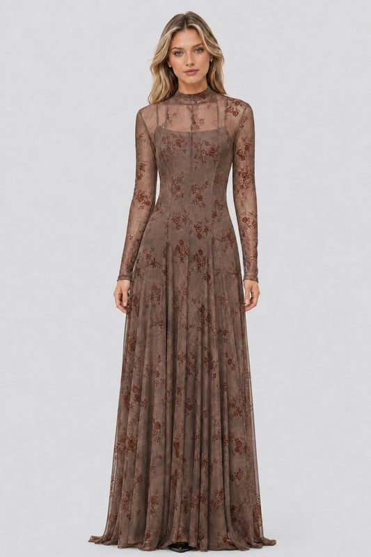 Floréane High-Neck Flocked-Mesh Layered Maxi Dress / Khaki