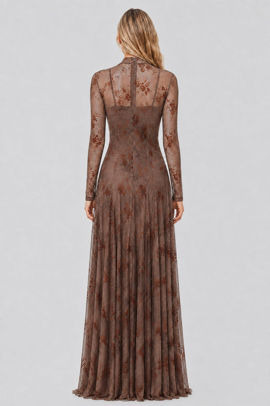 Floréane High-Neck Flocked-Mesh Layered Maxi Dress / Khaki