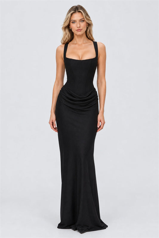Hortense Square Neck Corset Maxi Dress / Black