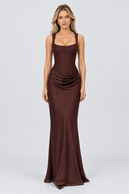 Hortense Square Neck Corset Maxi Dress / Brown