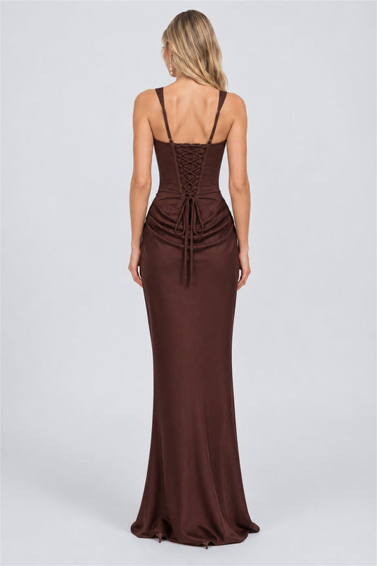 Hortense Square Neck Corset Maxi Dress / Brown