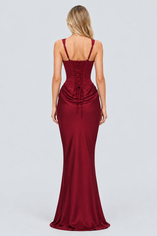 Hortense Square Neck Corset Maxi Dress / Red