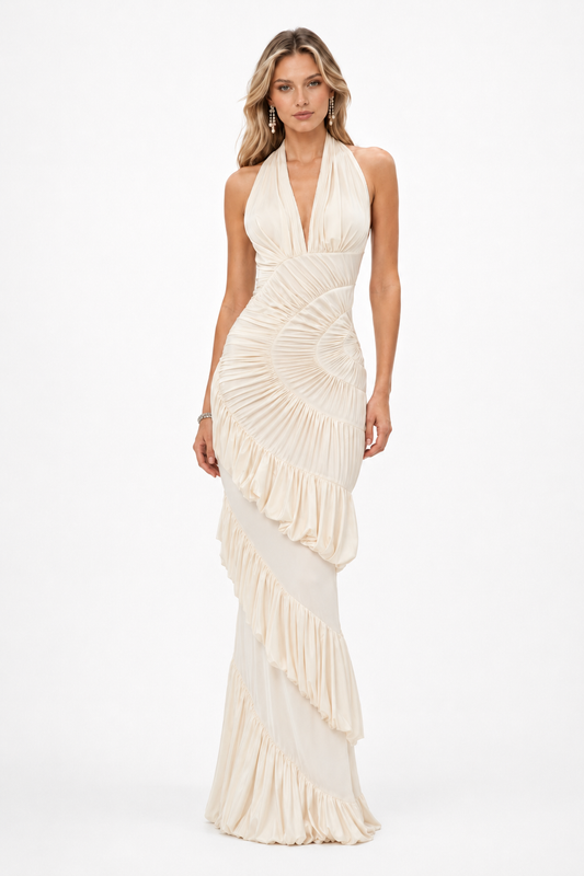 Illusion Halter Neck Pleated Maxi Dress