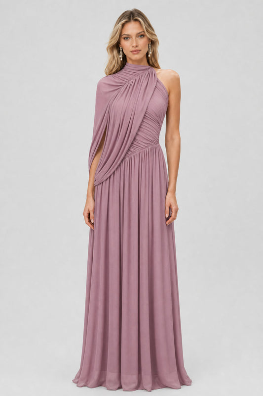 Leontine Asymmetric Cape-Draped Maxi Dress / Pink
