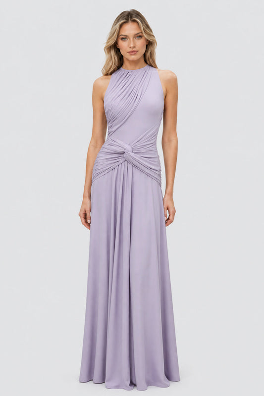Lilaselle High-Neck Draped-Knot Maxi Dress / Light Lavender