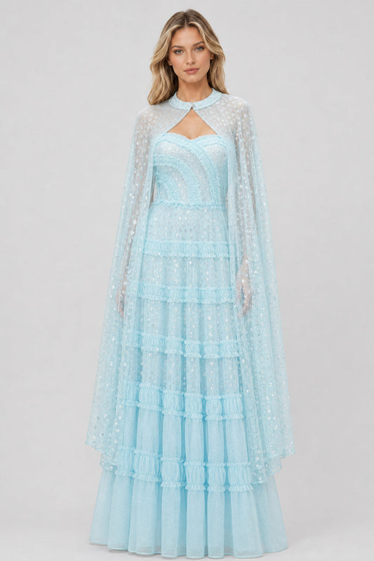 Lyséane Strapless Ruffle-Tier Cape Maxi Dress / Light Blue