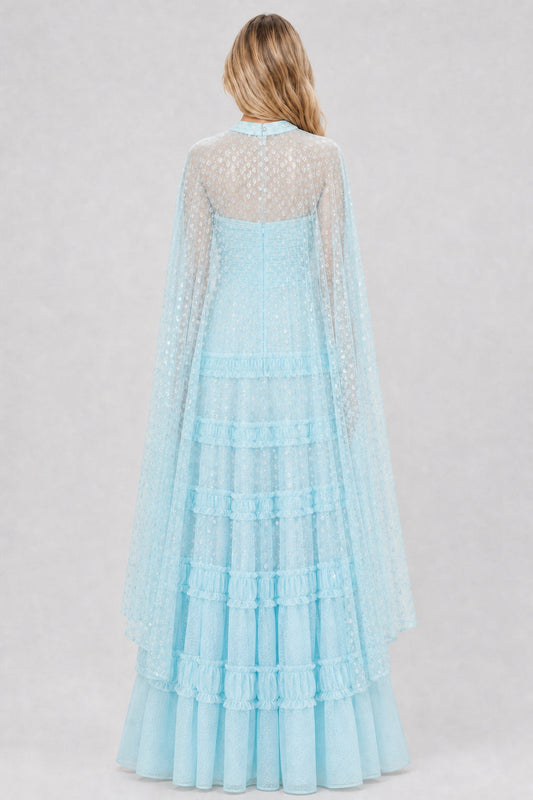 Lyséane Strapless Ruffle-Tier Cape Maxi Dress / Light Blue
