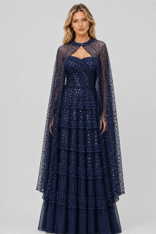Lyséane Strapless Ruffle-Tier Cape Maxi Dress / Navy