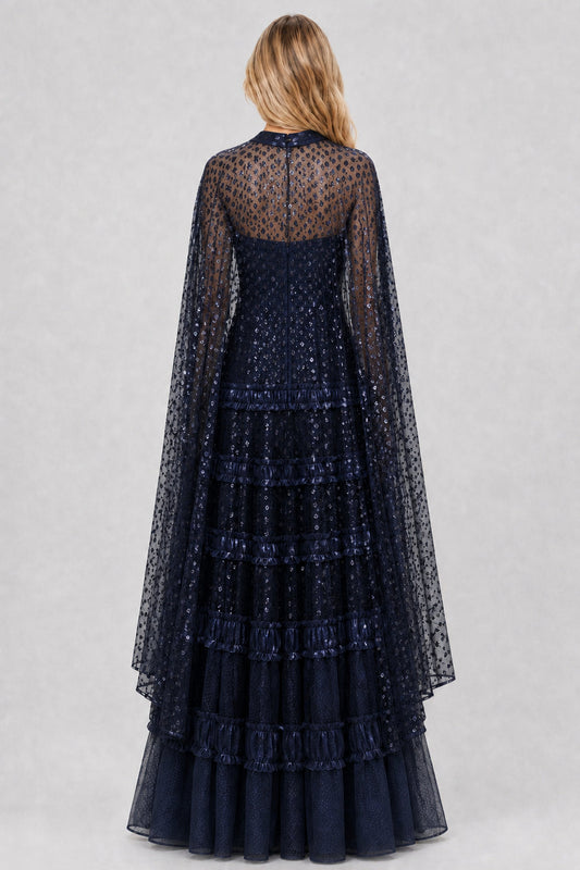 Lyséane Strapless Ruffle-Tier Cape Maxi Dress / Navy
