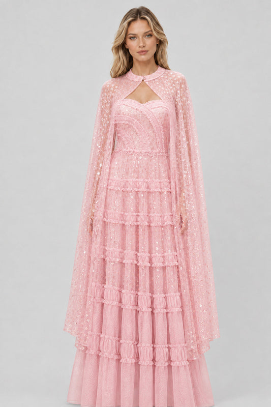 Lyséane Strapless Ruffle-Tier Cape Maxi Dress / Pink